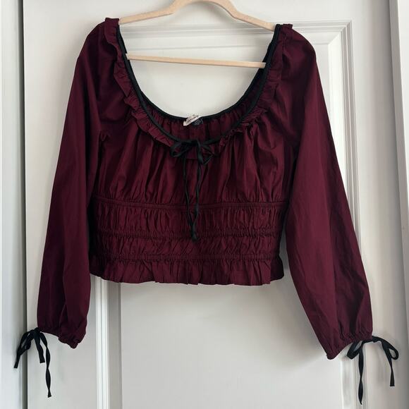 American Eagle Long-Sleeve Ruched Poplin Blouse Red Sz L Prarie Vamp Milkmaid - Picture 2 of 12